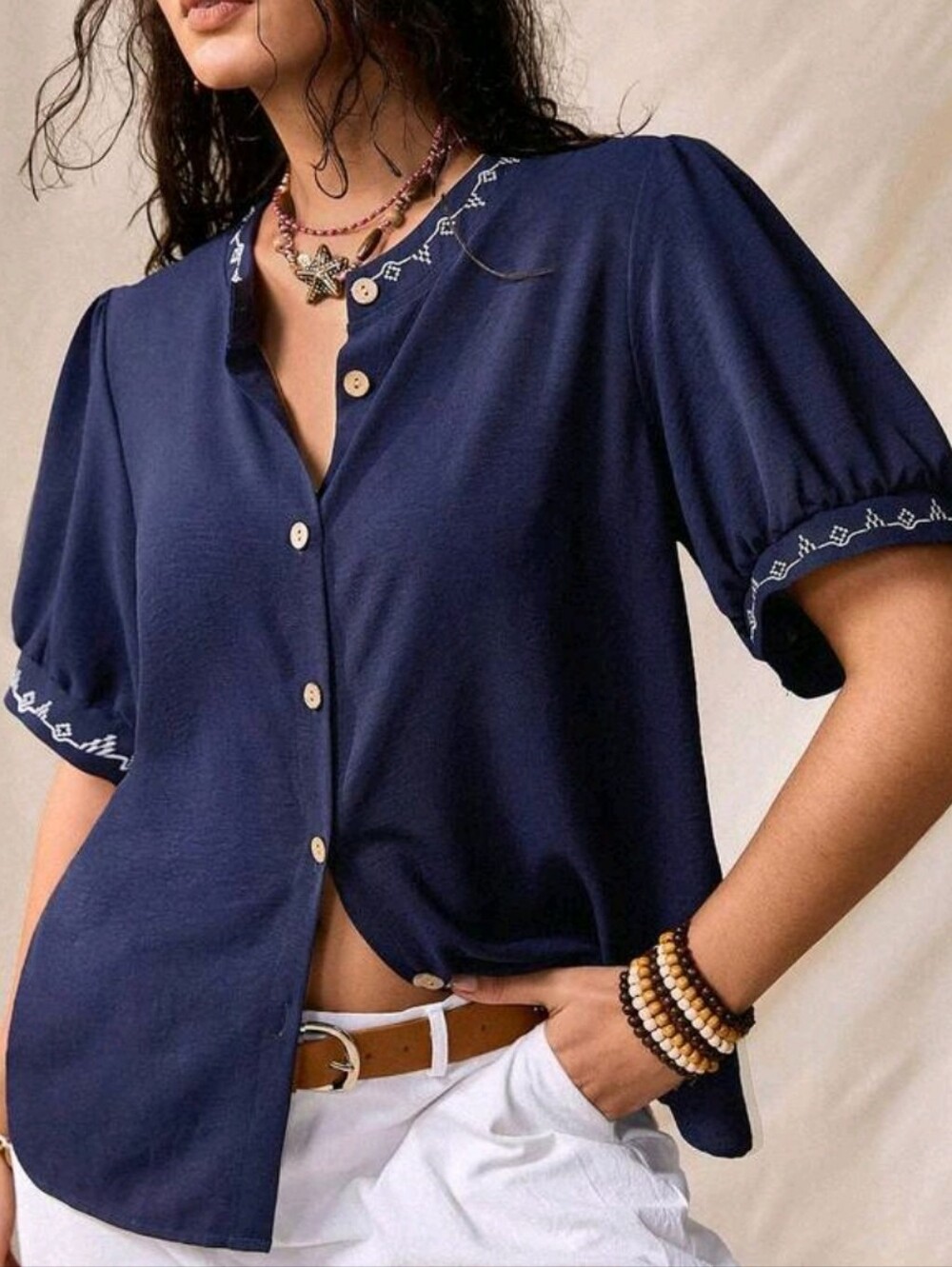 BRAND NEW ** Navy Embroidered Button-Front Women’s Top